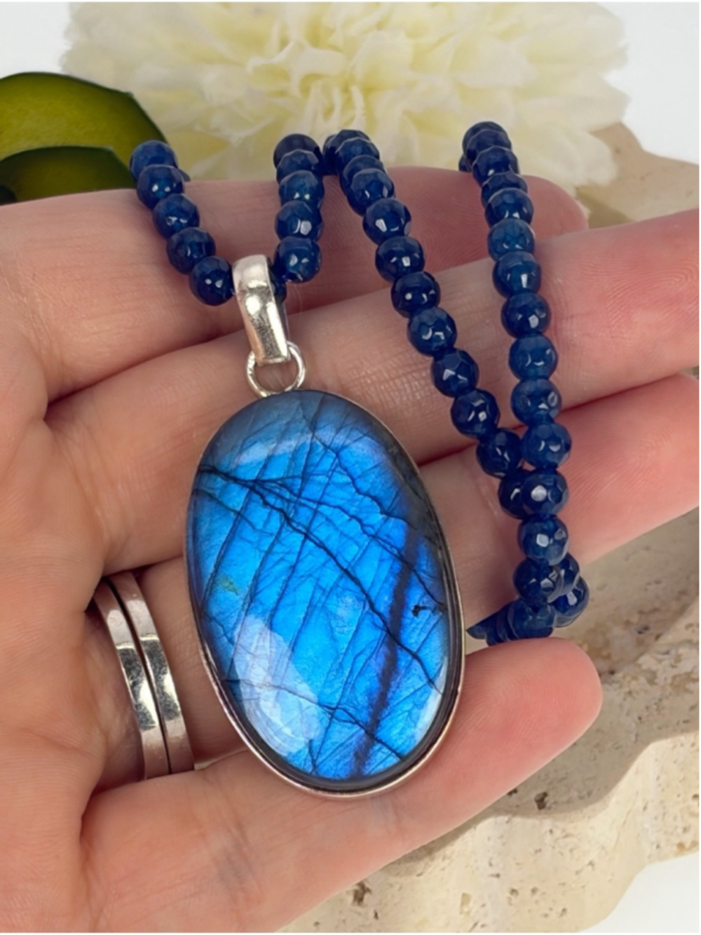 Sterling Silver 925 Blue Labradorite Pendant Kyanite Necklace Oval Handmade
